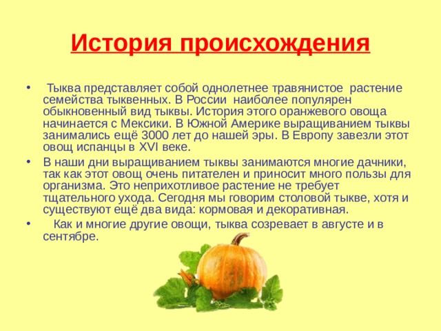 История происхождения  Тыква представляет собой однолетнее травянистое растение семейства тыквенных. В России наиболее популярен обыкновенный вид тыквы. История этого оранжевого овоща начинается с Мексики. В Южной Америке выращиванием тыквы занимались ещё 3000 лет до нашей эры. В Европу завезли этот овощ испанцы в XVI веке. В наши дни выращиванием тыквы занимаются многие дачники, так как этот овощ очень питателен и приносит много пользы для организма. Это неприхотливое растение не требует тщательного ухода. Сегодня мы говорим столовой тыкве, хотя и существуют ещё два вида: кормовая и декоративная.  Как и многие другие овощи, тыква созревает в августе и в сентябре. 