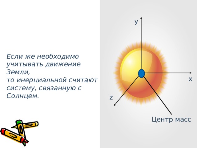 y Если же необходимо учитывать движение Земли, то инерциальной считают систему, связанную с Солнцем. x z Центр масс 