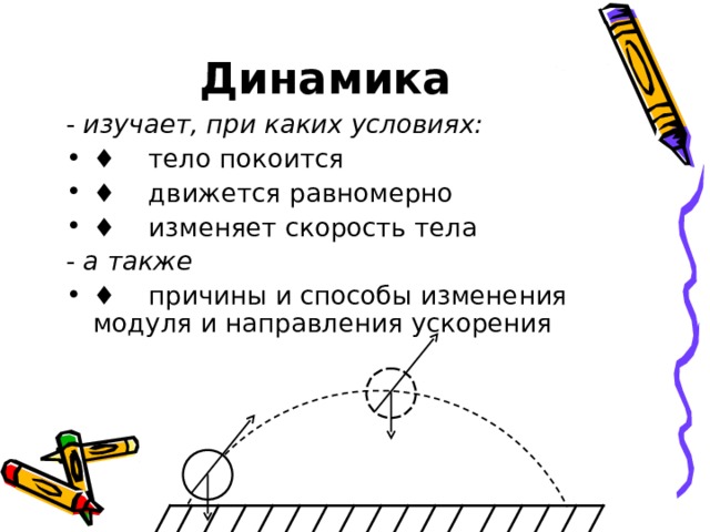 Динамика - изучает, при каких условиях: ♦ тело покоится ♦ движется равномерно ♦ изменяет скорость тела - а также ♦ причины и способы изменения модуля и направления ускорения  