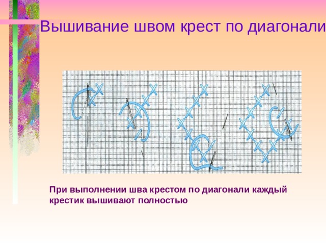 Вышивание швом крест по диагонали При выполнении шва крестом по диагонали каждый крестик вышивают полностью