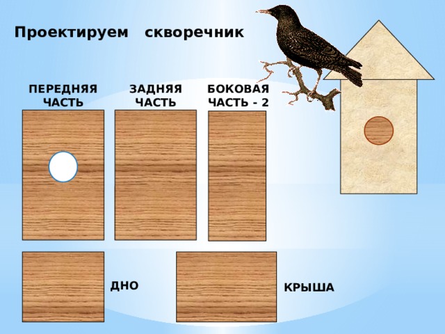 Проектируем скворечник БОКОВАЯ ЗАДНЯЯ ПЕРЕДНЯЯ ЧАСТЬ ЧАСТЬ ЧАСТЬ - 2 ДНО КРЫША  