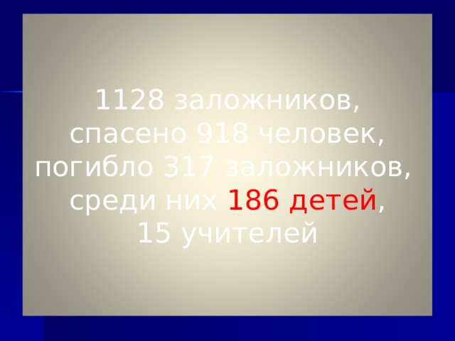 1128 заложников,  спасено 918 человек,  погибло 317 заложников,  среди них 186 детей ,  15 учителей 