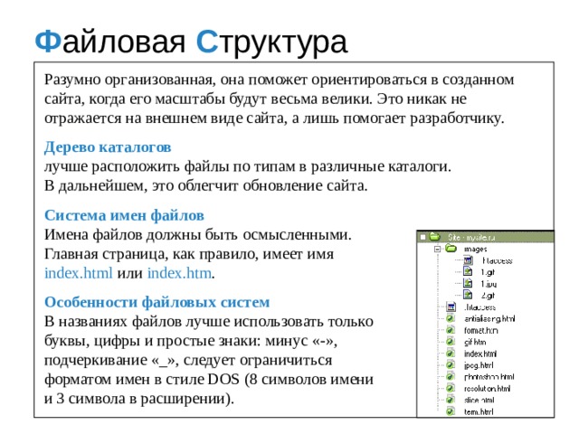 Ф айловая С труктура Разумно организованная, она поможет ориентироваться в созданном сайта, когда его масштабы будут весьма велики. Это никак не отражается на внешнем виде сайта, а лишь помогает разработчику. Дерево каталогов лучше расположить файлы по типам в различные каталоги.  В дальнейшем, это облегчит обновление сайта. Cистема имен файлов Имена файлов должны быть осмысленными.  Главная страница, как правило, имеет имя  index.html или index.htm . Oсобенности файловых систем В названиях файлов лучше использовать только  буквы, цифры и простые знаки: минус «-»,  подчеркивание «_», следует ограничиться  форматом имен в стиле DOS (8 символов имени  и 3 символа в расширении). 