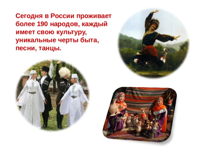 Сегодня в России проживает более 190 народов, каждый имеет свою культуру, уникальные черты быта, песни, танцы. 