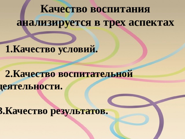 Качество воспитания анализируется в трех аспектах    1.Качество условий.   2.Качество воспитательной деятельности.   3.Качество результатов.   