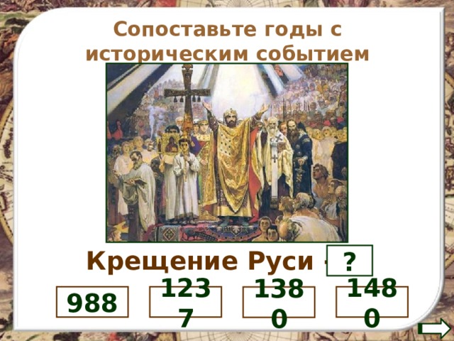 Сопоставьте годы с историческим событием Крещение Руси - ? 1480 1237 988 1380 