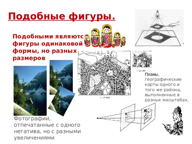 Подобные фигуры. Подобными являются фигуры одинаковой формы, но разных размеров Здание и его макет Планы, географические карты одного и того же района, выполненные в разных масштабах . Фотографии, отпечатанные с одного негатива, но с разными увеличениями 