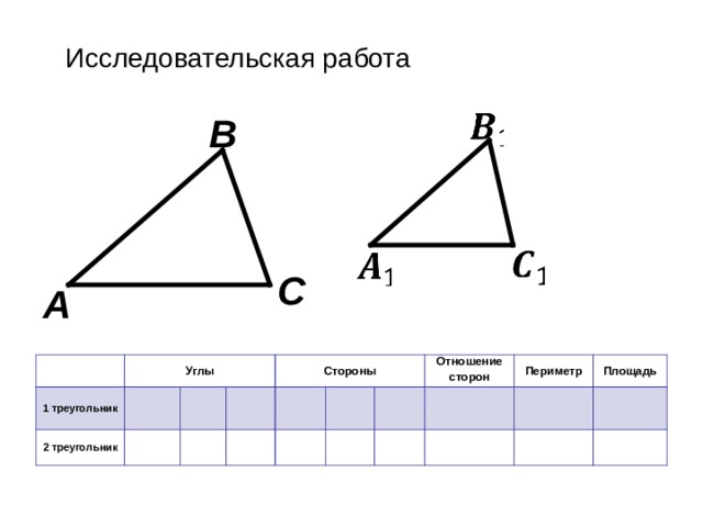 Исследовательская работа B C A   1 треугольник Углы 2 треугольник       Стороны                 Отношение сторон     Периметр   Площадь       