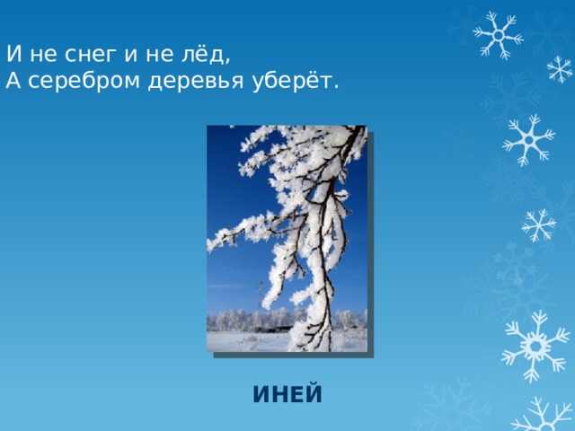 И не снег и не лёд, А серебром деревья уберёт. иней 