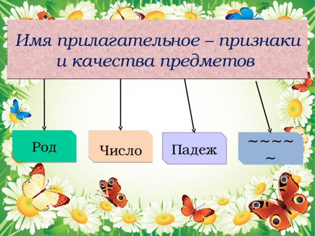 Имя прилагательное – признаки и качества предметов Род Число Падеж ~~~~~ 