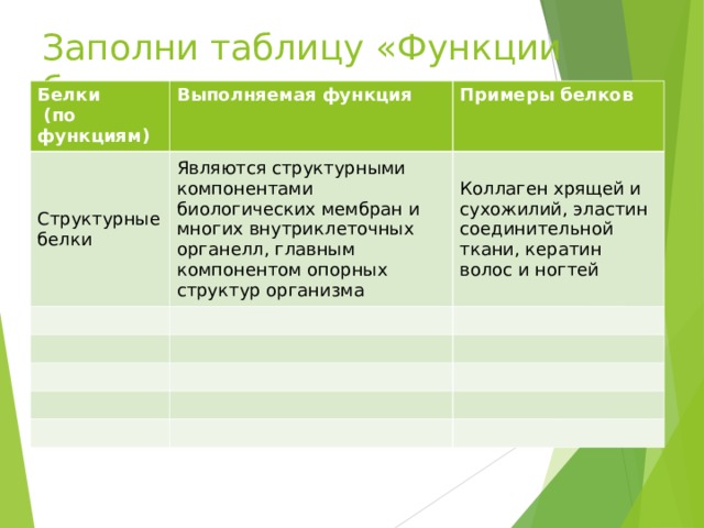 Заполни таблицу «Функции белка» Белки  (по функциям) Выполняемая функция Структурные белки Примеры белков Являются структурными компонентами биологических мембран и многих внутриклеточных органелл, главным компонентом опорных структур организма Коллаген хрящей и сухожилий, эластин соединительной ткани, кератин волос и ногтей 