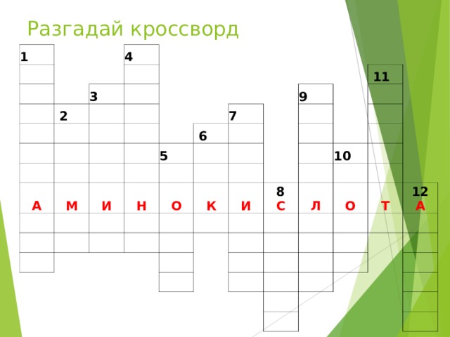 Разгадай кроссворд 1        4    2     3                  А             М   7  5  И       6         Н 9              О     11       К         И     8     10    С         Л         О           Т       12           А             