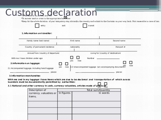 Passenger customs declaration образец заполнения