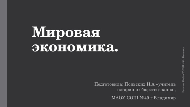 Польских И.А МАОУ СОШ №49 г.Владимир Мировая экономика. Подготовила: Польских И.А –учитель истории и обществознания , МАОУ СОШ №49 г.Владимир 
