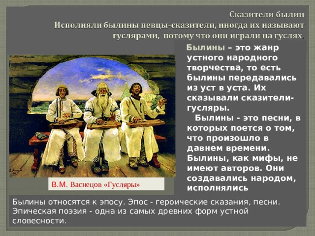  Былины – это жанр устного народного творчества, то есть былины передавались из уст в уста. Их сказывали сказители-гусляры.  Былины - это песни, в которых поется о том, что произошло в давнем времени. Былины, как мифы, не имеют авторов. Они создавались народом, исполнялись народными сказителями по памяти. В.М. . Васнецов «Гусляры» Былины относятся к эпосу. Эпос - героические сказания, песни. Эпическая поэзия - одна из самых древних форм устной словесности. 