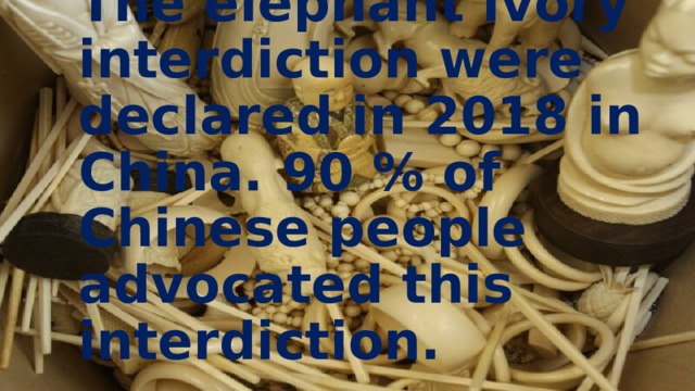 The elephant ivory interdiction were declared in 2018 in China. 90 % of Chinese people advocated this interdiction. 