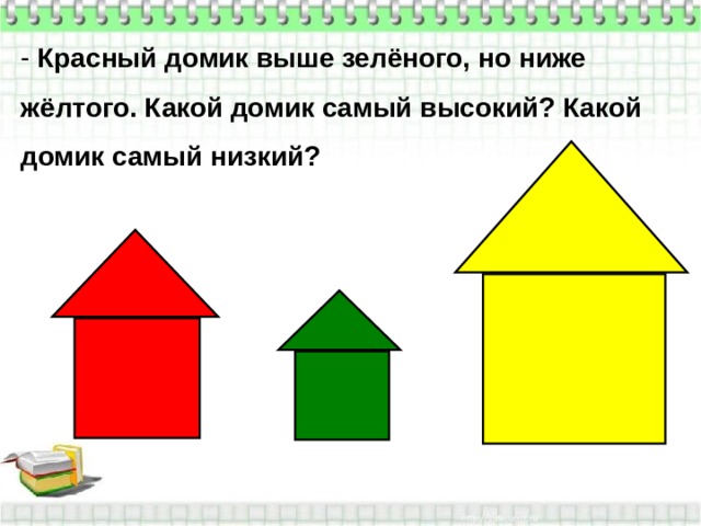  Красный домик выше зелёного, но ниже жёлтого. Какой домик самый высокий? Какой домик самый низкий? 