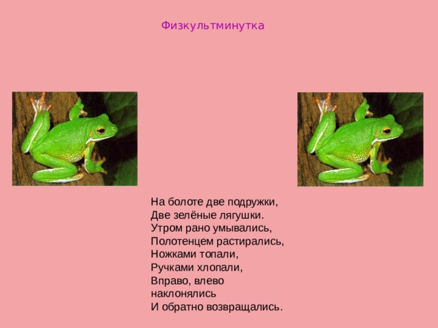 Физкультминутка На болоте две подружки, Две зелёные лягушки. Утром рано умывались, Полотенцем растирались, Ножками топали, Ручками хлопали, Вправо, влево наклонялись И обратно возвращались. 
