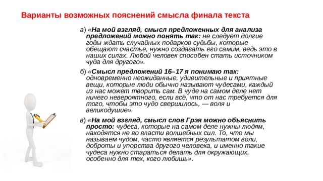 Варианты возможных пояснений смысла финала текста а ) « На мой взгляд, смысл предложенных для анализа предложений можно понять так: не следует долгие годы ждать случайных подарков судьбы, которые обещают счастье, нужно создавать его самим, ведь это в наших силах. Любой человек способен стать источником чуда для другого». б ) « Смысл предложений 16–17 я понимаю так: одновременно неожиданные, удивительные и приятные вещи, которые люди обычно называют чудесами, каждый из нас может творить сам. В чуде на самом деле нет ничего невероятного, если всё, что от нас требуется для того, чтобы это чудо свершилось, — воля и великодушие». в ) « На мой взгляд, смысл слов Грэя можно объяснить просто: чудеса, которые на самом деле нужны людям, находятся не во власти волшебных сил. То, что мы называем чудом, часто является результатом воли, доброты и упорства другого человека, и именно такие чудеса нужно стараться делать для окружающих, особенно для тех, кого любишь». 