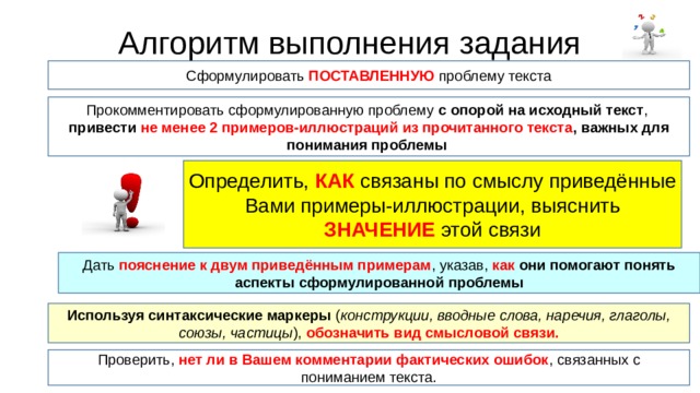 Алгоритм выполнения задания Сформулировать ПОСТАВЛЕННУЮ проблему текста Прокомментировать сформулированную проблему с опорой на исходный текст , привести не менее 2 примеров-иллюстраций из прочитанного текста , важных для понимания проблемы Определить, КАК связаны по смыслу приведённые Вами примеры-иллюстрации, выяснить ЗНАЧЕНИЕ этой связи Дать пояснение к двум приведённым примерам , указав, как они помогают понять аспекты сформулированной проблемы Используя синтаксические маркеры ( конструкции, вводные слова, наречия, глаголы, союзы, частицы ), обозначить вид смысловой связи. Проверить, нет ли в Вашем комментарии фактических ошибок , связанных с пониманием текста. 