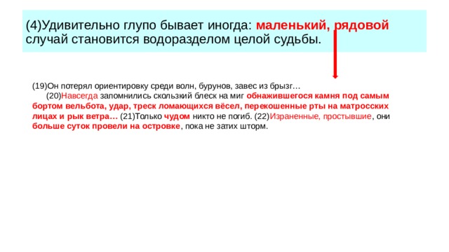 (4)Удивительно глупо бывает иногда: маленький, рядовой случай становится водоразделом целой судьбы. (19)Он потерял ориентировку среди волн, бурунов, завес из брызг… (20) Навсегда запомнились скользкий блеск на миг обнажившегося камня под самым бортом вельбота, удар, треск ломающихся вёсел, перекошенные рты на матросских лицах и рык ветра… (21)Только чудом никто не погиб. (22) Израненные, простывшие , они больше суток провели на островке , пока не затих шторм. 