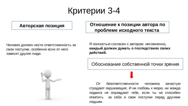 Критерии 3-4 Авторская позиция Отношение к позиции автора по проблеме исходного текста Я полностью согласен с автором: несомненно , каждый должен думать о последствиях своих действий. Человек должен нести ответственность за свои поступки, особенно если от него зависят другие люди. Обоснование собственной точки зрения От безответственности человека зачастую страдают окружающие. И ни любовь к морю, ни жажда подвига не оправдают тебя, если ты не способен ответить за себя и свои поступки перед другими людьми. 