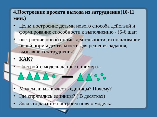 4.Построение проекта выхода из затруднения(10-11 мин.)   Цель: построение детьми нового способа действий и формирование способности к выполнению - (5-6 шаг: построение новой нормы деятельности; использование новой нормы деятельности для решения задания, вызвавшего затруднения). КАК? Постройте модель данного примера.-   Можем ли мы вычесть единицы? Почему? Где спрятались единицы? ( В десятках) Зная это давайте построим новую модель. 