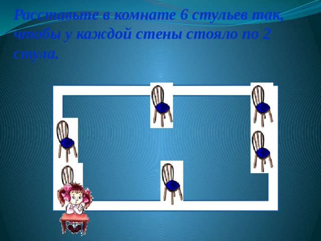 Расставь 5 стульев так чтобы у каждой стены стояло по 2 стула