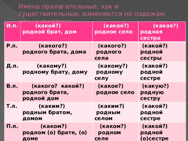 Родной определить. Сестра по падежам. Имена существительные и прилагательные по падежам изменяются. Брат по падежам. Имена прилагательные изменяются по падежам.