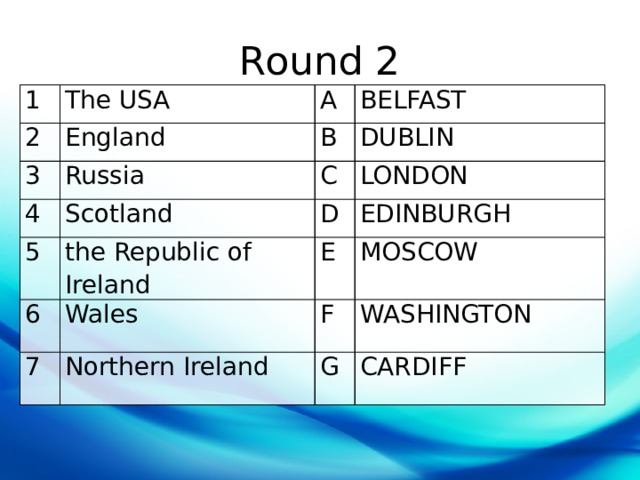 Round 2 1 The USA 2 3 A England Russia 4 B BELFAST DUBLIN C Scotland 5 LONDON D 6 the Republic of Ireland Wales E EDINBURGH 7 MOSCOW F Northern Ireland WASHINGTON G CARDIFF