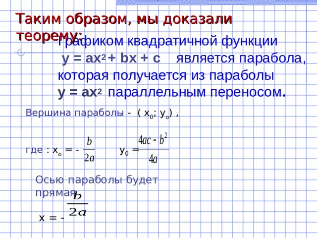- Таким образом, мы доказали теорему: .  Графиком квадратичной функции  у = ах 2 + b х + с  является парабола , которая получается из параболы у = ах 2  параллельным переносом . Вершина параболы - ( х 0 ; у о ) , где : х о = - у 0 = Осью параболы будет прямая  х = - 6 