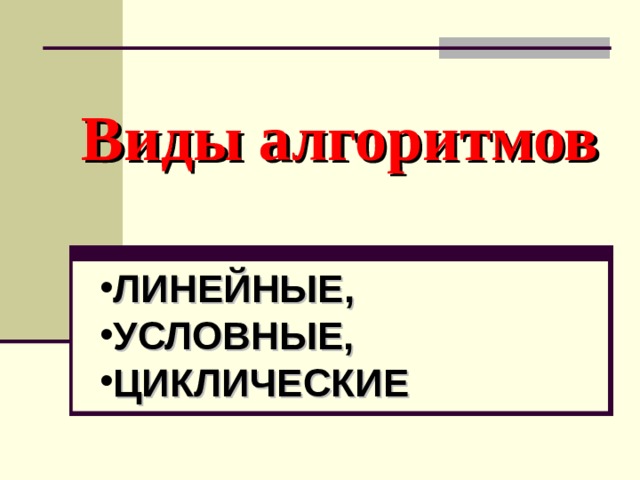 Виды алгоритмов ЛИНЕЙНЫЕ, УСЛОВНЫЕ, ЦИКЛИЧЕСКИЕ 