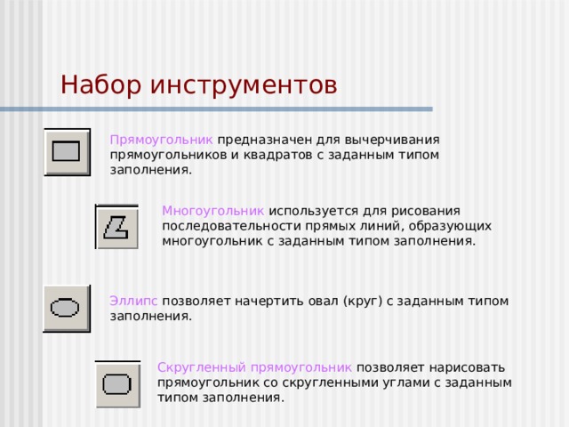 Набор инструментов Прямоугольник предназначен для вычерчивания прямоугольников и квадратов с заданным типом заполнения. Многоугольник используется для рисования последовательности прямых линий, образующих многоугольник с заданным типом заполнения. Эллипс позволяет начертить овал (круг) с заданным типом заполнения. Скругленный прямоугольник позволяет нарисовать прямоугольник со скругленными углами с заданным типом заполнения. 