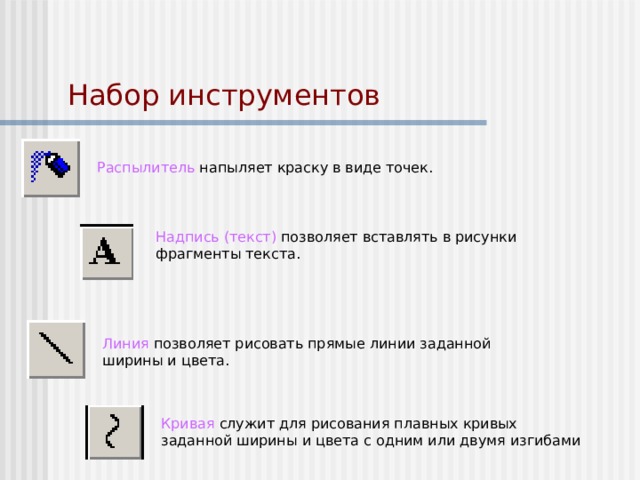Набор инструментов Распылитель напыляет краску в виде точек. Надпись (текст) позволяет вставлять в рисунки фрагменты текста. Линия позволяет рисовать прямые линии заданной ширины и цвета. Кривая служит для рисования плавных кривых заданной ширины и цвета с одним или двумя изгибами 