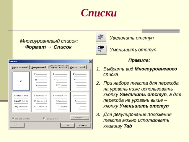 Как создать многоуровневый список. Форматирование списков в Word. Параметры форматирования списков в Word. Форматированный список. Формат многоуровневого списка.