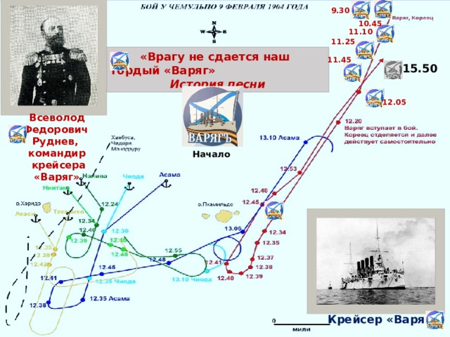 На схеме обозначено место гибели крейсера варяг в результате войны