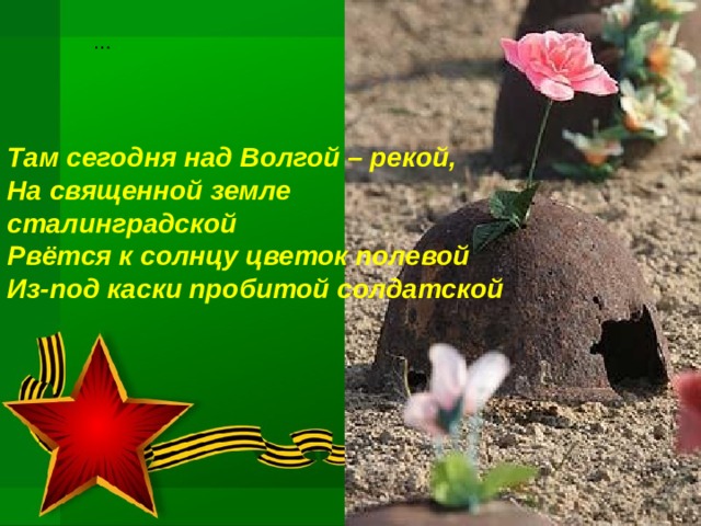 … Там сегодня над Волгой – рекой,  На священной земле сталинградской  Рвётся к солнцу цветок полевой  Из-под каски пробитой солдатской 