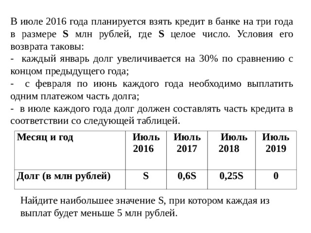 В июле планируется взять кредит в банке на сумму 18 млн рублей на некоторый срок целое число лет
