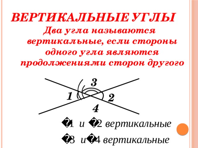 Вертикальные углы Два угла называются вертикальные, если стороны одного угла являются продолжениями сторон другого 3 1 2 4 