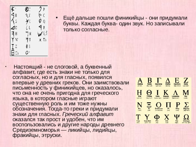 Ещё дальше пошли финикийцы - они придумали буквы. Каждая буква- один звук. Но записывали только согласные.  Настоящий - не слоговой, а буквенный алфавит, где есть знаки не только для согласных, но и для гласных, появился впервые у древних греков. Они заимствовали письменность у финикийцев, но оказалось, что она не очень пригодна для греческого языка, в котором гласные играют существенную роль и им тоже нужны обозначения. Тогда-то греки и придумали знаки для гласных. Греческий алфавит оказался так прост и удобен, что им воспользовались и другие народы древнего Средиземноморья — ликийцы, лидийцы, фракийцы, этруски.    