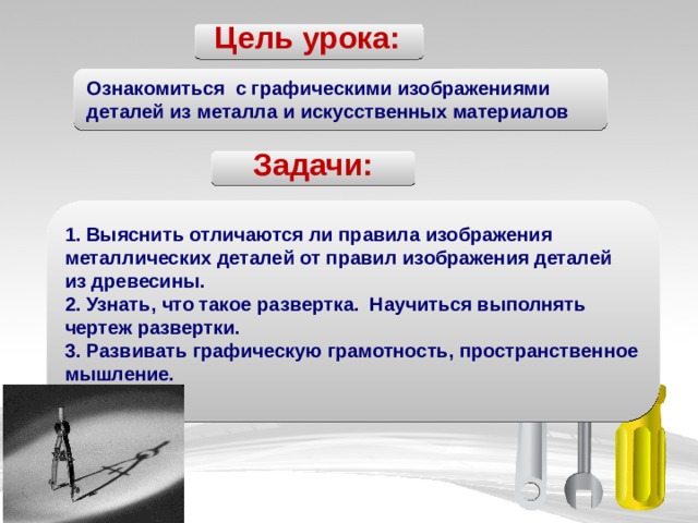 Цель урока: Ознакомиться с графическими изображениями деталей из металла и искусственных материалов Задачи:  1. Выяснить отличаются ли правила изображения металлических деталей от правил изображения деталей из древесины. 2. Узнать, что такое развертка. Научиться выполнять чертеж развертки. 3. Развивать графическую грамотность, пространственное мышление. 