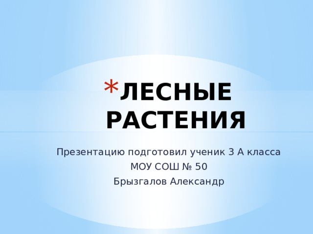 ЛЕСНЫЕ РАСТЕНИЯ Презентацию подготовил ученик 3 А класса МОУ СОШ № 50 Брызгалов Александр  