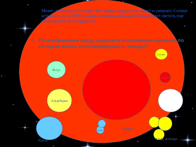 Может ли погаснуть солнце? Все звезды рождаются, живут и умирают. Солнце остывает или нет? По теориям современной науки Солнце будет светить еще около десяти миллиардов лет. По изображения звезд, выделите 4 основания-признаки по которым можно классифицировать звезды? Солнце Регул Аркрур Альдебаран Мира Сириус Альфа центавра Ригель 