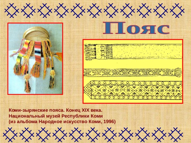 Коми-зырянские пояса. Конец XIX века.  Национальный музей Республики Коми  (из альбома Народное искусство Коми, 1996)