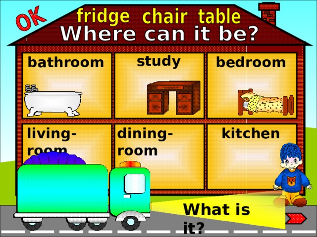 study bathroom bedroom living-room kitchen dining-room What is it? What is it?