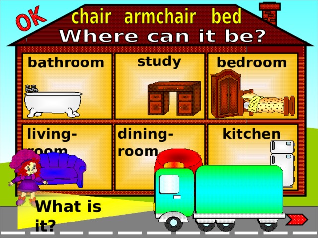 study bathroom bedroom living-room dining-room kitchen What is it? What is it?