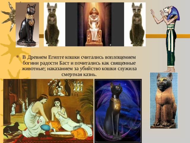 В Древнем Египте кошки считались воплощением богини радости Баст и почитались как священные животные; наказанием за убийство кошки служила смертная казнь. 