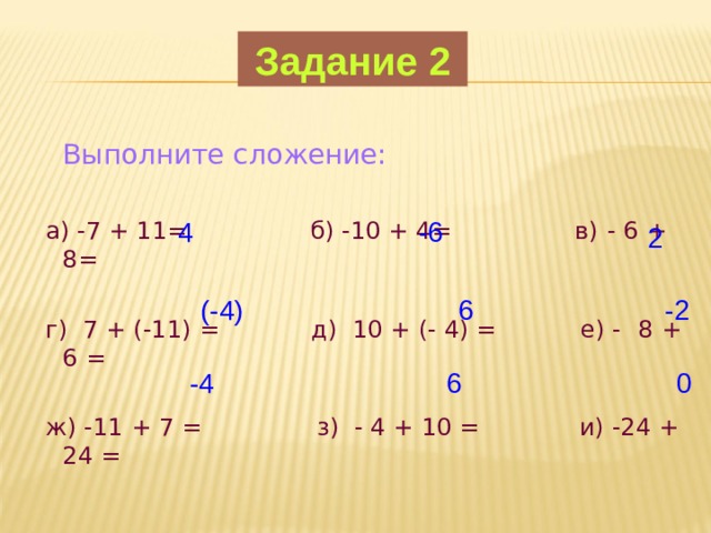 Задание 2  Выполните сложение:  а) -7 + 11= б) -10 + 4= в) - 6  +  8 =  г) 7 + (-11) = д) 10 + (- 4) = е) -  8 +  6 =  ж) -11 + 7 = з) - 4 + 10 = и) -24 + 24 = 4 -6 2 (-4) 6 -2 0 6 -4 