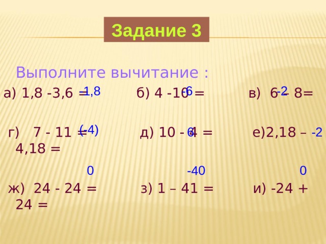 Задание 3  Выполните вычитание : а) 1,8 -3,6 = б) 4 -10 = в) 6 – 8=  г)  7 - 11 = д) 10 - 4 = е)2,1 8 – 4,18 =  ж) 24 - 24 = з) 1 – 41 = и) -24 + 24 = -1,8 -6 -2 (-4) 6 -2 0 -40 0 