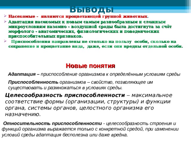 Выводы Насекомые - являются процветающей группой животных . Адаптация насекомых к новым самым разнообразным и сложным микроусловиям наземно – воздушной среды была достигнута за счёт морфолого - анатомических, физиологических и поведенческих приспособительных признаков.  Приспособления направлены не столько на пользу особи, сколько на сохранение и процветание вида, даже, если они вредны отдельной особи.   Новые понятия  Адаптация – приспособление организмов к определённым условиям среды Приспособленность организмов – свойство, позволяющее им существовать и размножаться в условиях среды.  Целесообразность  приспособленности – максимальное соответствие формы (организации, структуры) и функции органа, системы органов, целостного организма его назначению.  Относительность приспособленности - целесообразность строения и функций организма выражается только с конкретной средой, при изменении условий среды адаптация бесполезна или даже вредна.   